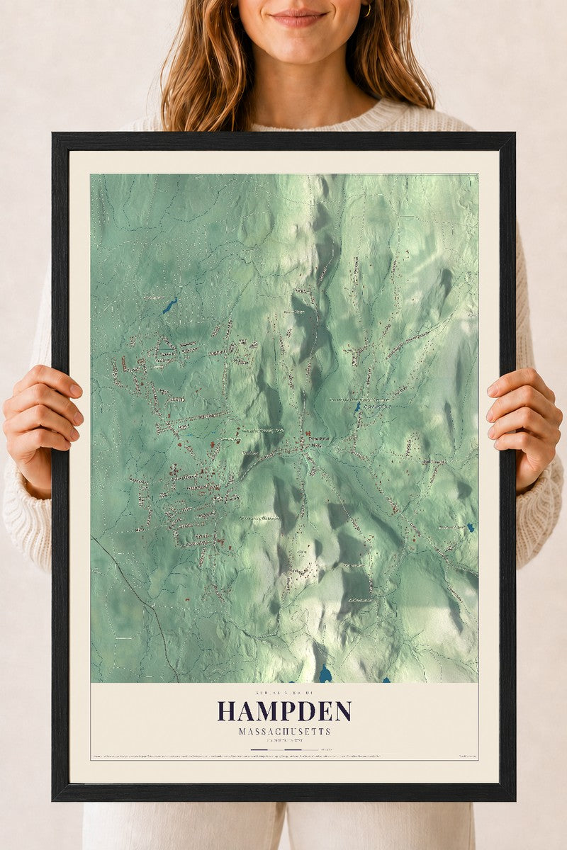 Hampden, Massachusetts map print - 18 x 24 black Ayous wood frame
