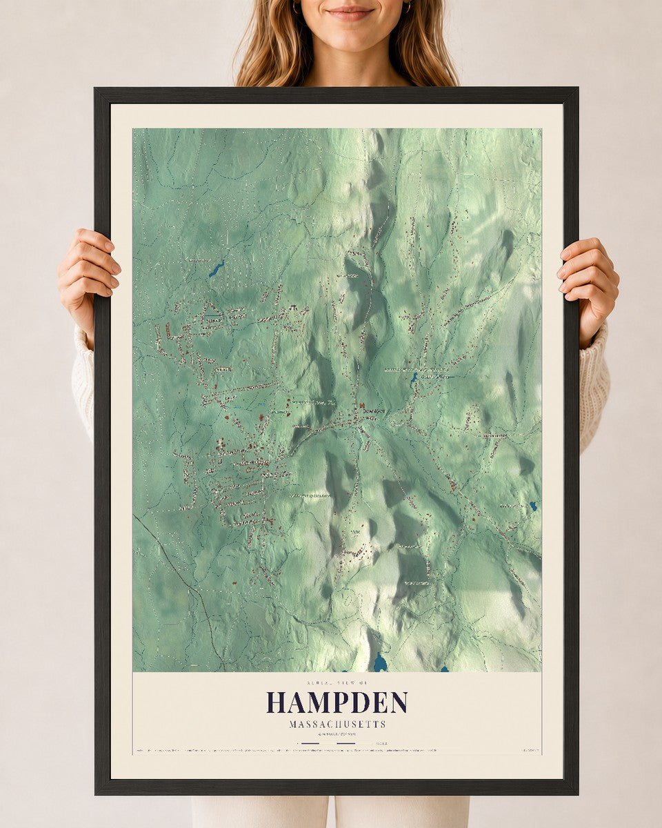 Hampden, Massachusetts map print - 24 x 36 black Ayous wood frame