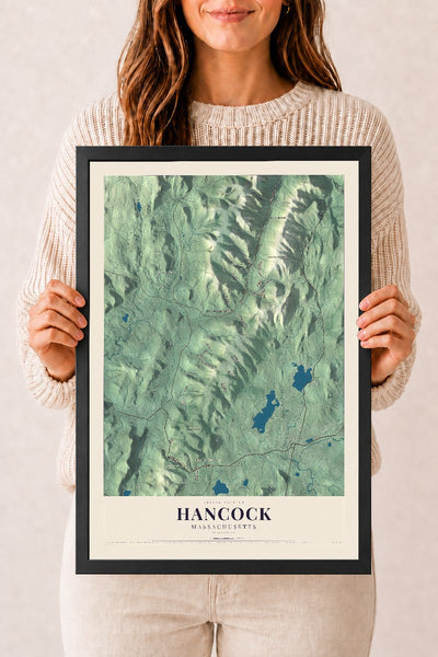 Hancock, Massachusetts map print - 12 x 18 black Ayous wood frame