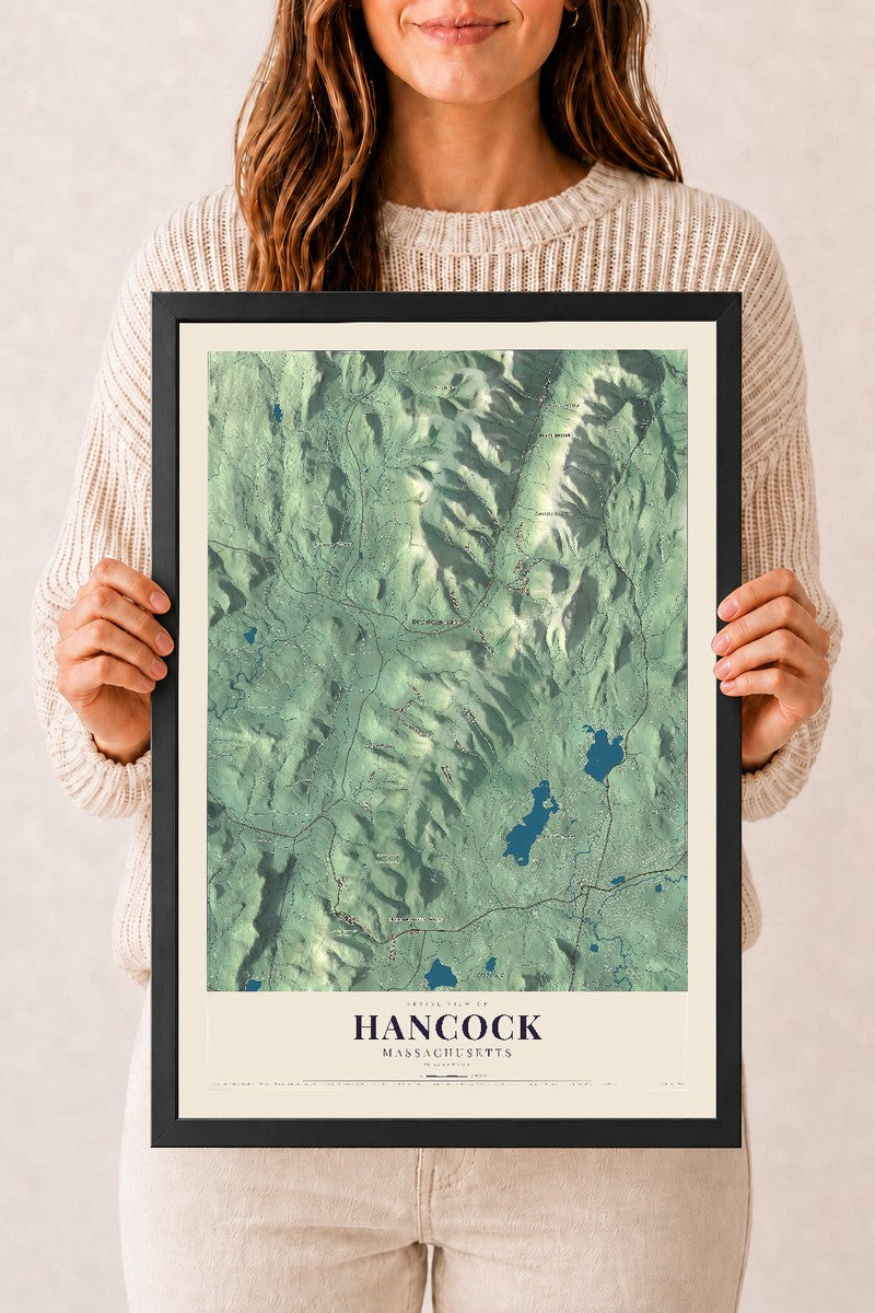 Hancock, Massachusetts map print - 12 x 18 black Ayous wood frame