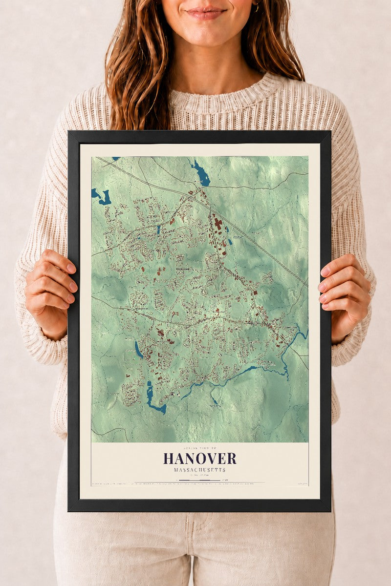 Hanover, Massachusetts map print - 12 x 18 black Ayous wood frame