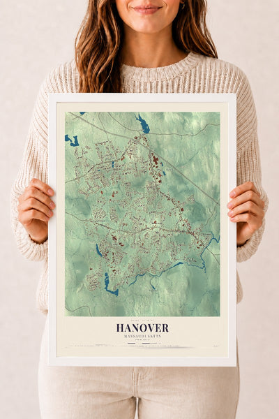 Hanover, Massachusetts map print - 12 x 18 white Ayous wood frame
