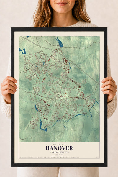 Hanover, Massachusetts map print - 18 x 24 black Ayous wood frame