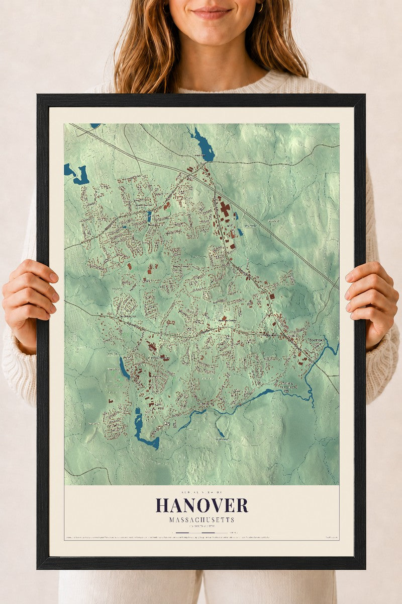 Hanover, Massachusetts map print - 18 x 24 black Ayous wood frame