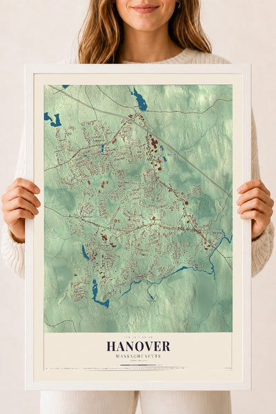 Hanover, Massachusetts map print - 18 x 24 white Ayous wood frame