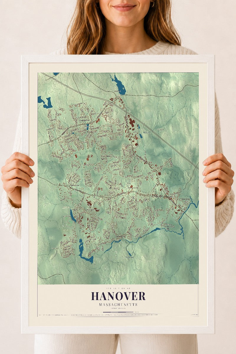 Hanover, Massachusetts map print - 18 x 24 white Ayous wood frame