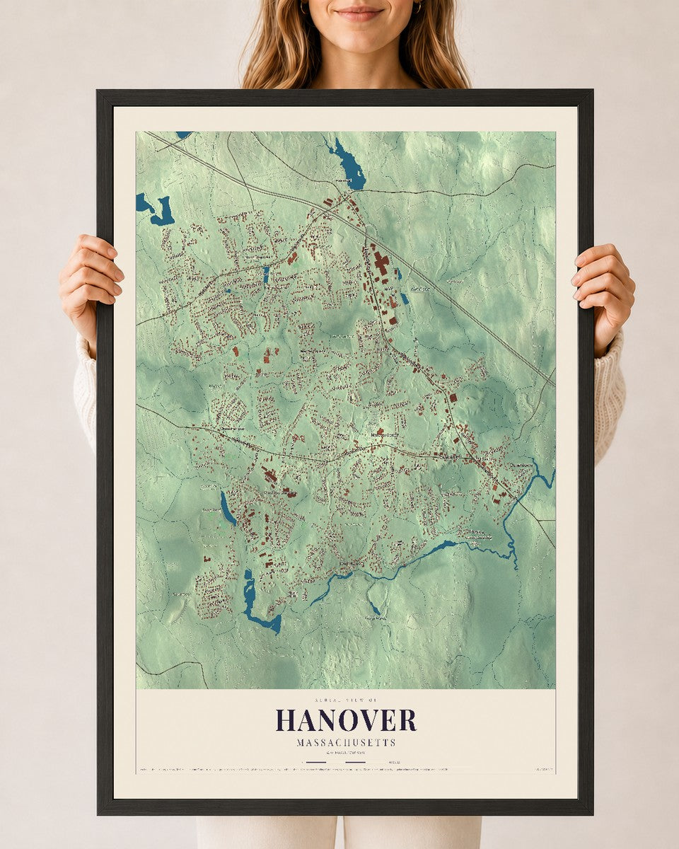 Hanover, Massachusetts map print - 24 x 36 black Ayous wood frame