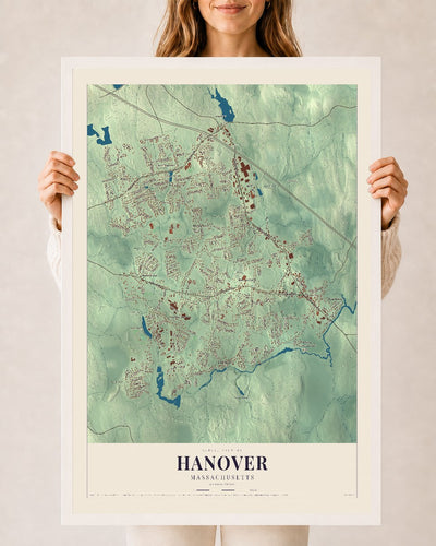 Hanover, Massachusetts map print - 24 x 36 white Ayous wood frame