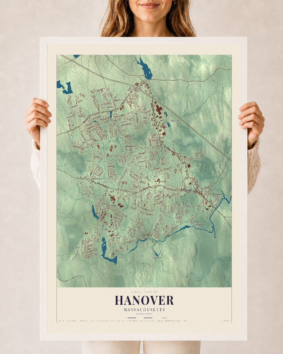 Hanover, Massachusetts map print - 24 x 36 white Ayous wood frame