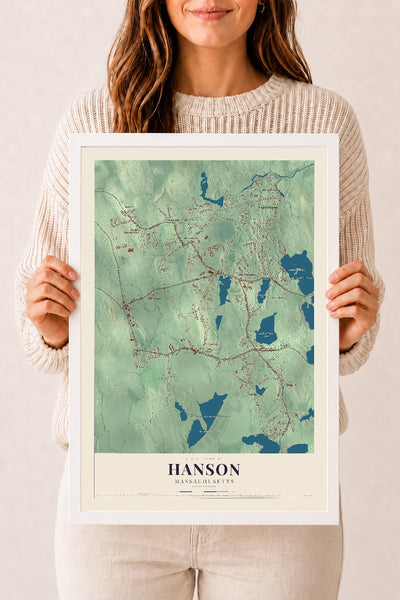 Hanson, Massachusetts map print - 12 x 18 white Ayous wood frame