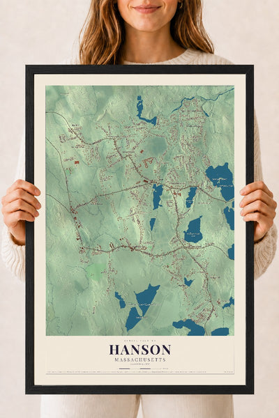 Hanson, Massachusetts map print - 18 x 24 black Ayous wood frame