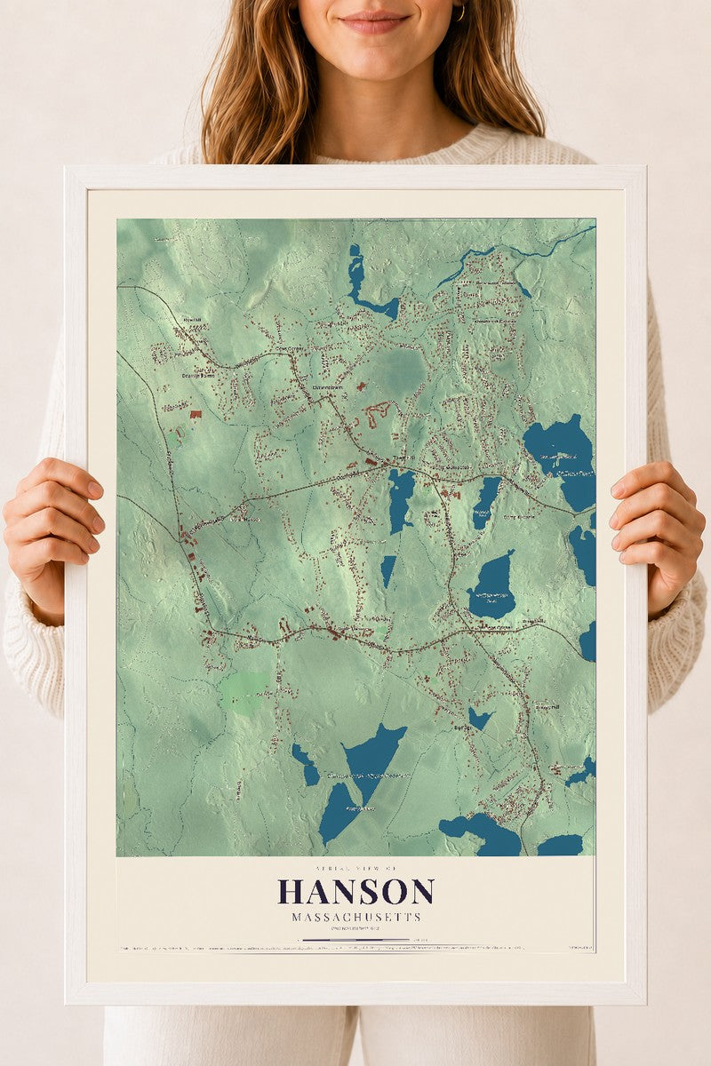 Hanson, Massachusetts map print - 18 x 24 white Ayous wood frame