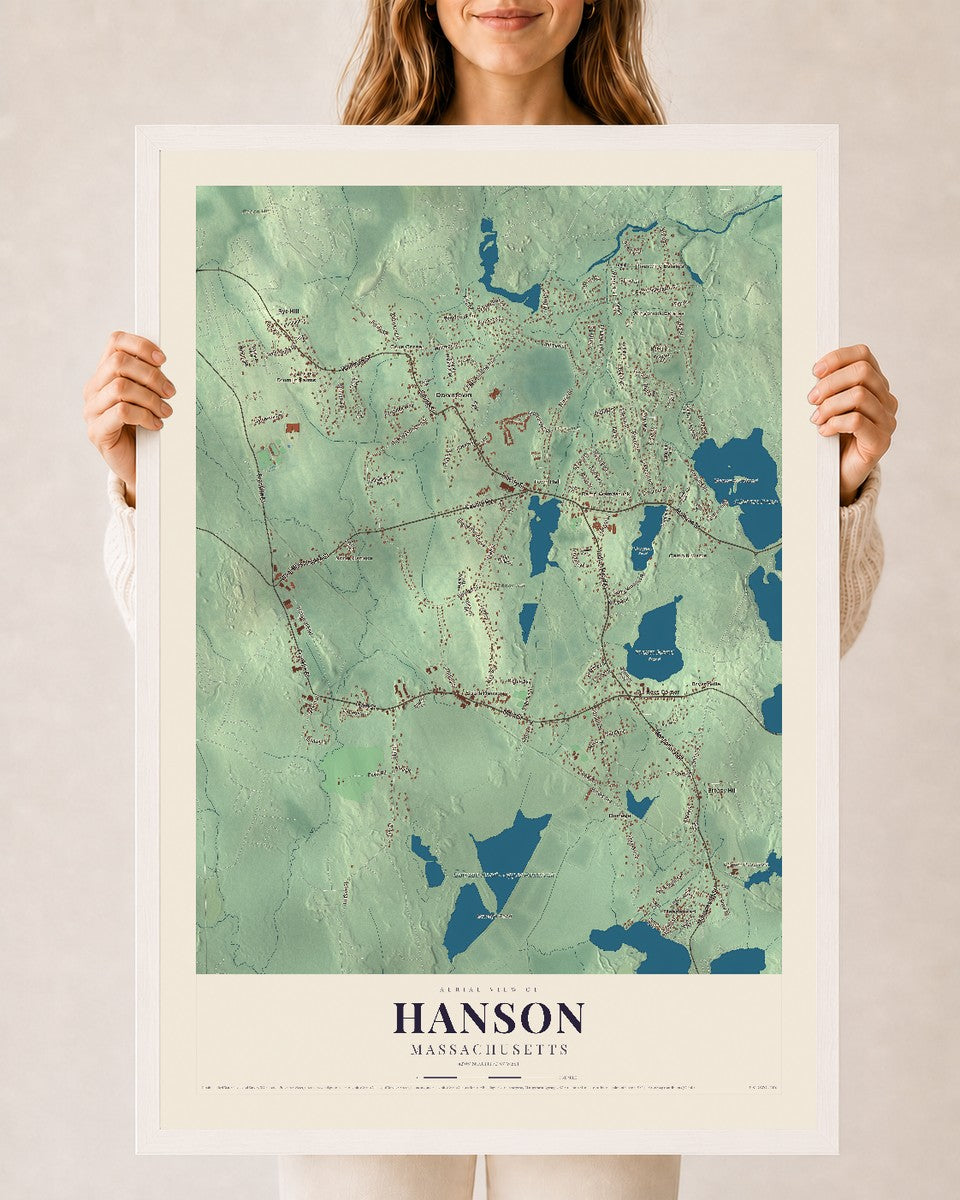 Hanson, Massachusetts map print - 24 x 36 white Ayous wood frame