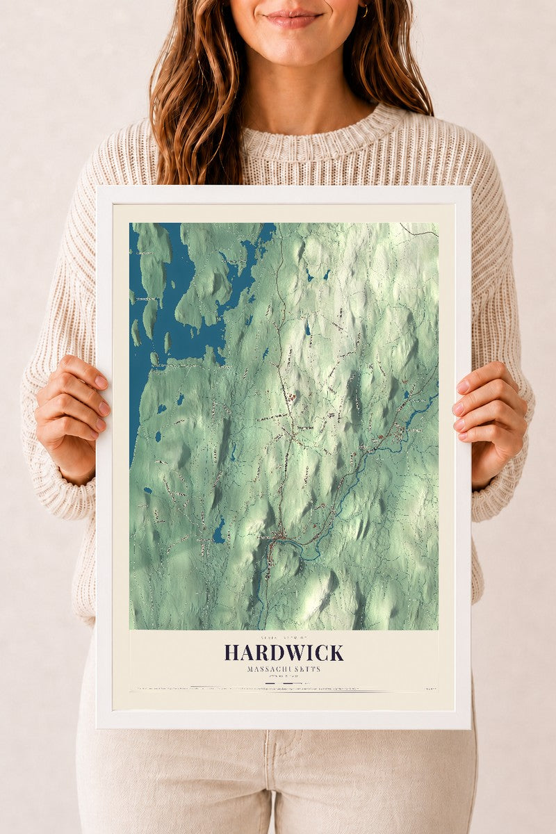Hardwick, Massachusetts map print - 12 x 18 white Ayous wood frame