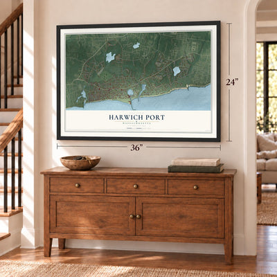 Harwich Port, Massachusetts map, 24 x 36 inch print in a black frame above a dresser by a staircase