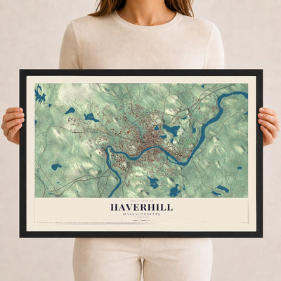 Haverhill, Massachusetts map print - 12 x 18 black Ayous wood frame