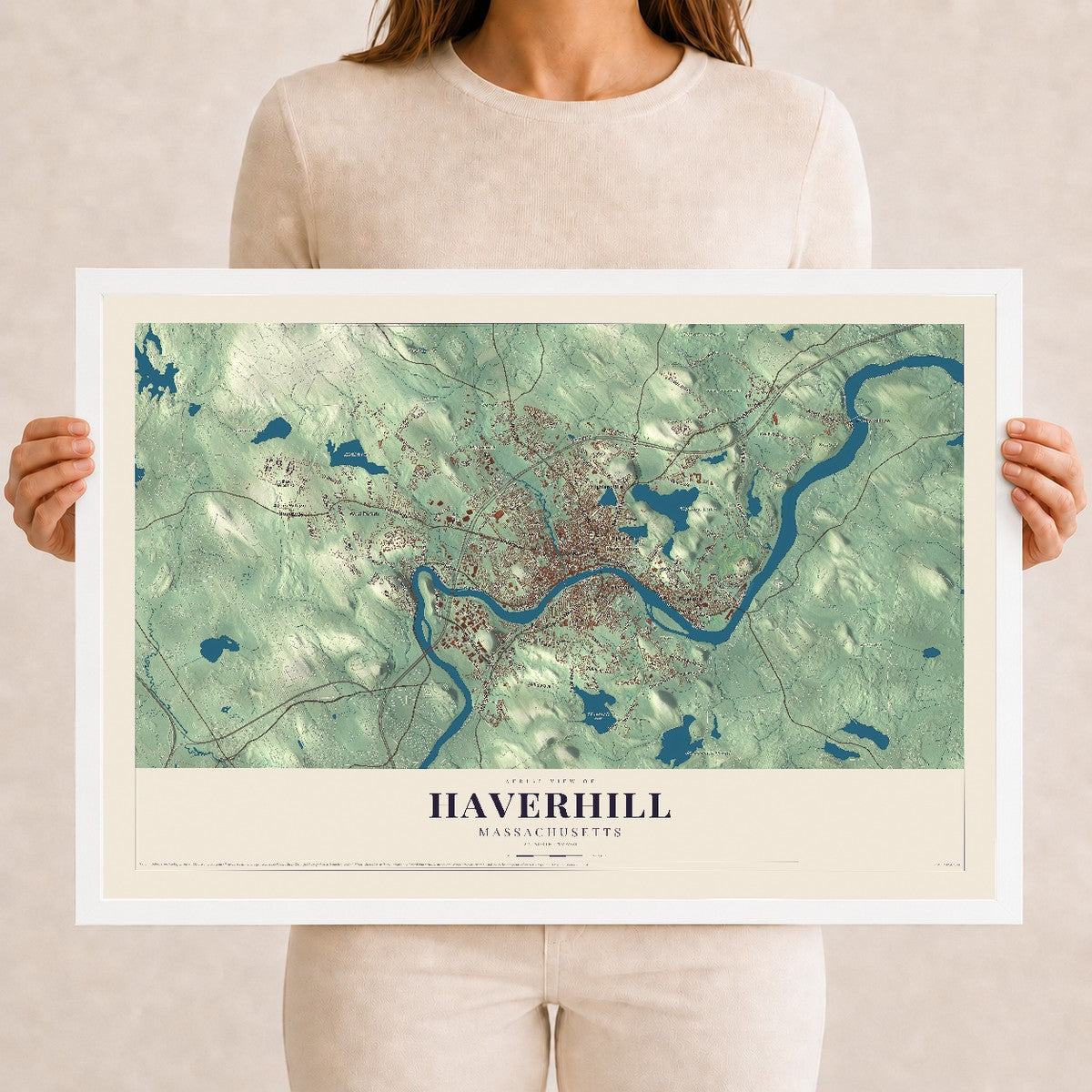 Haverhill, Massachusetts map print - 12 x 18 white Ayous wood frame
