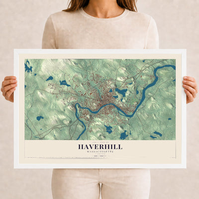 Haverhill, Massachusetts map print - 12 x 18 white Ayous wood frame