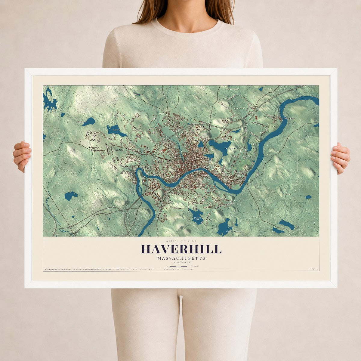 Haverhill, Massachusetts map print - 24 x 36 white Ayous wood frame
