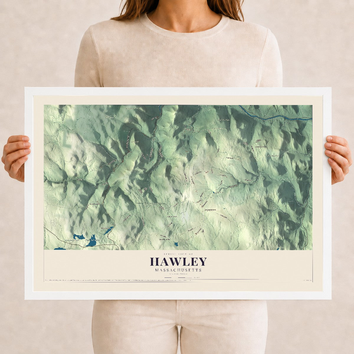 Hawley, Massachusetts map print - 12 x 18 white Ayous wood frame