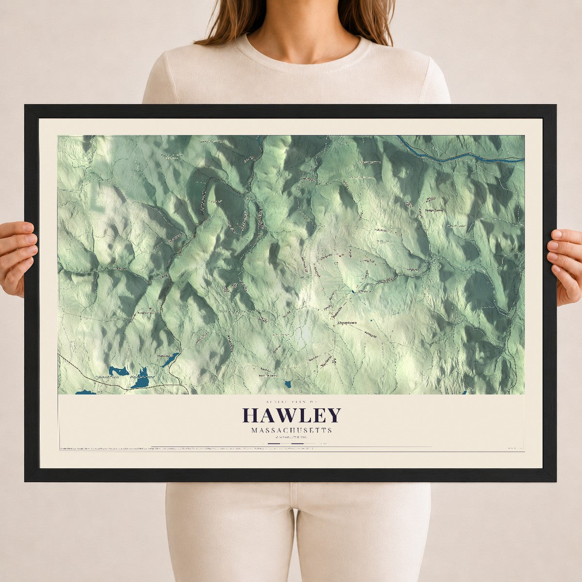 Hawley, Massachusetts map print - 18 x 24 black Ayous wood frame
