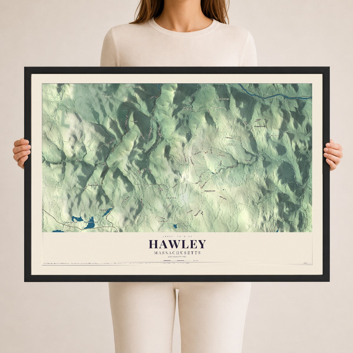 Hawley, Massachusetts map print - 24 x 36 black Ayous wood frame