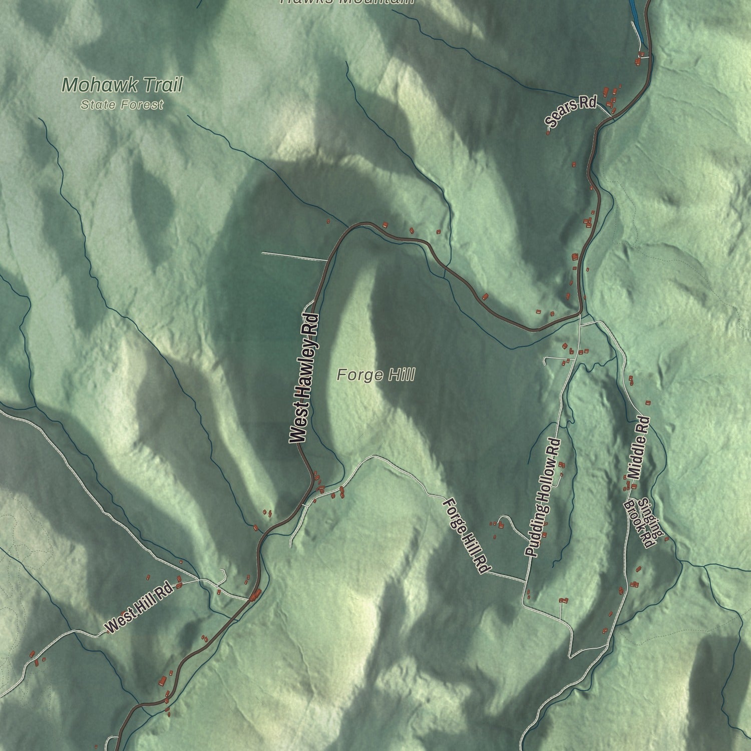 Terrain and local geography detail from the Hawley, Massachusetts map