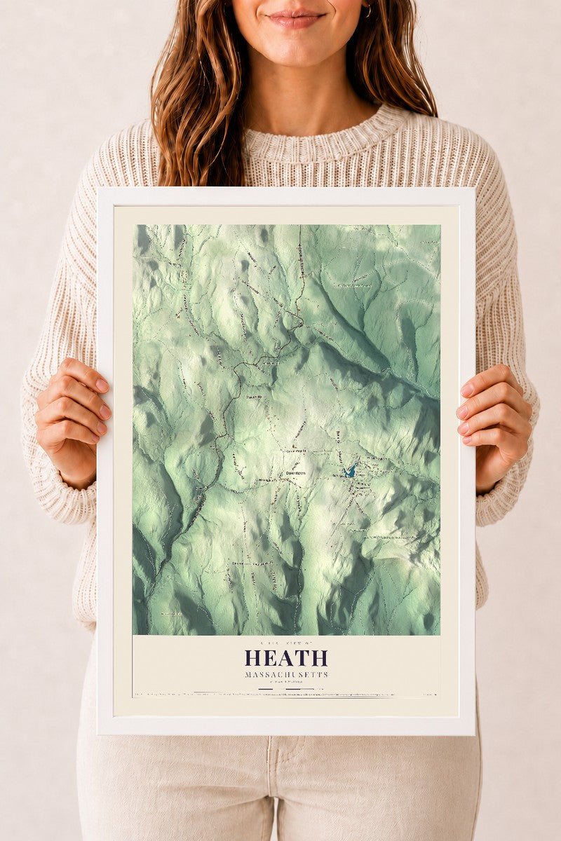 Heath, Massachusetts map print - 12 x 18 white Ayous wood frame