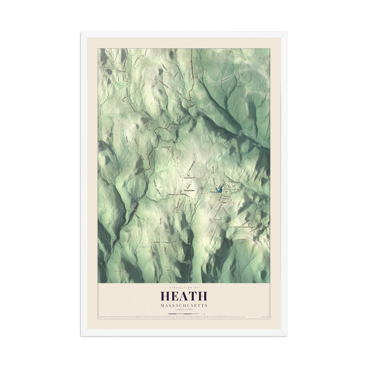 Map of Heath, Massachusetts, 12 x 18 inch print in a white wood frame