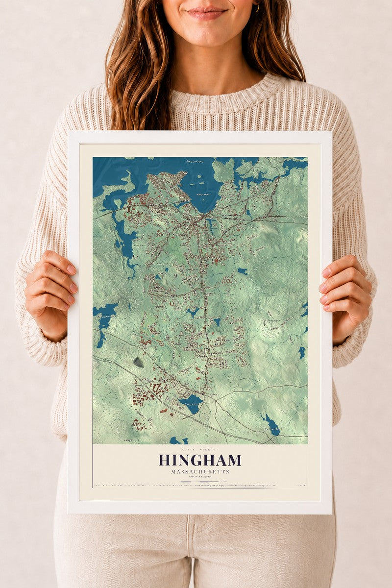 Hingham, Massachusetts map print - 12 x 18 white Ayous wood frame