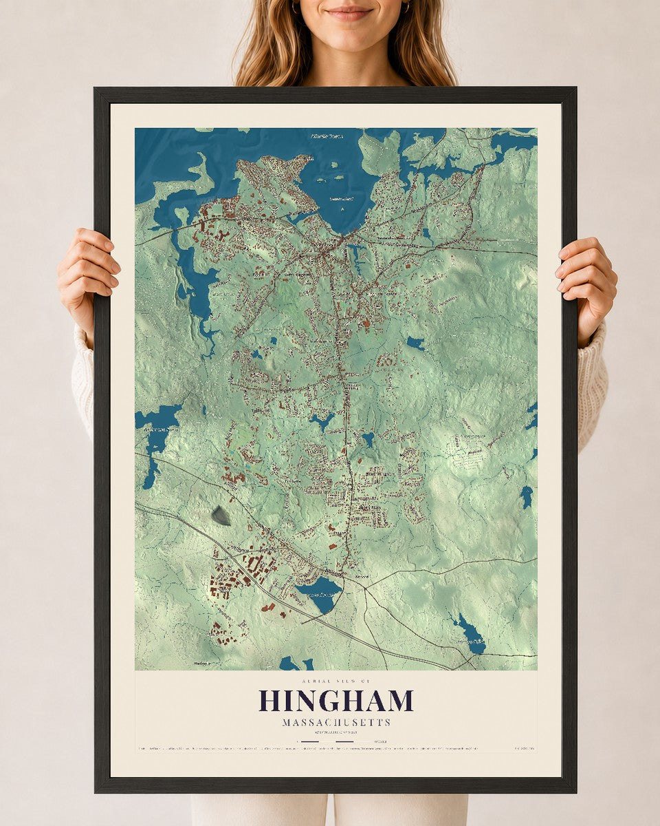 Hingham, Massachusetts map print - 24 x 36 black Ayous wood frame