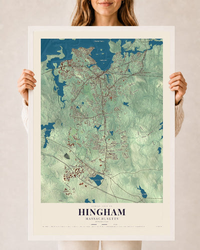 Hingham, Massachusetts map print - 24 x 36 white Ayous wood frame