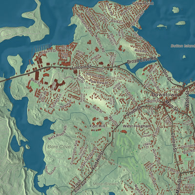 Terrain and local geography detail from the Hingham, Massachusetts map