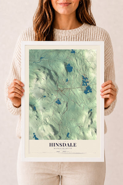 Hinsdale, Massachusetts map print - 12 x 18 white Ayous wood frame