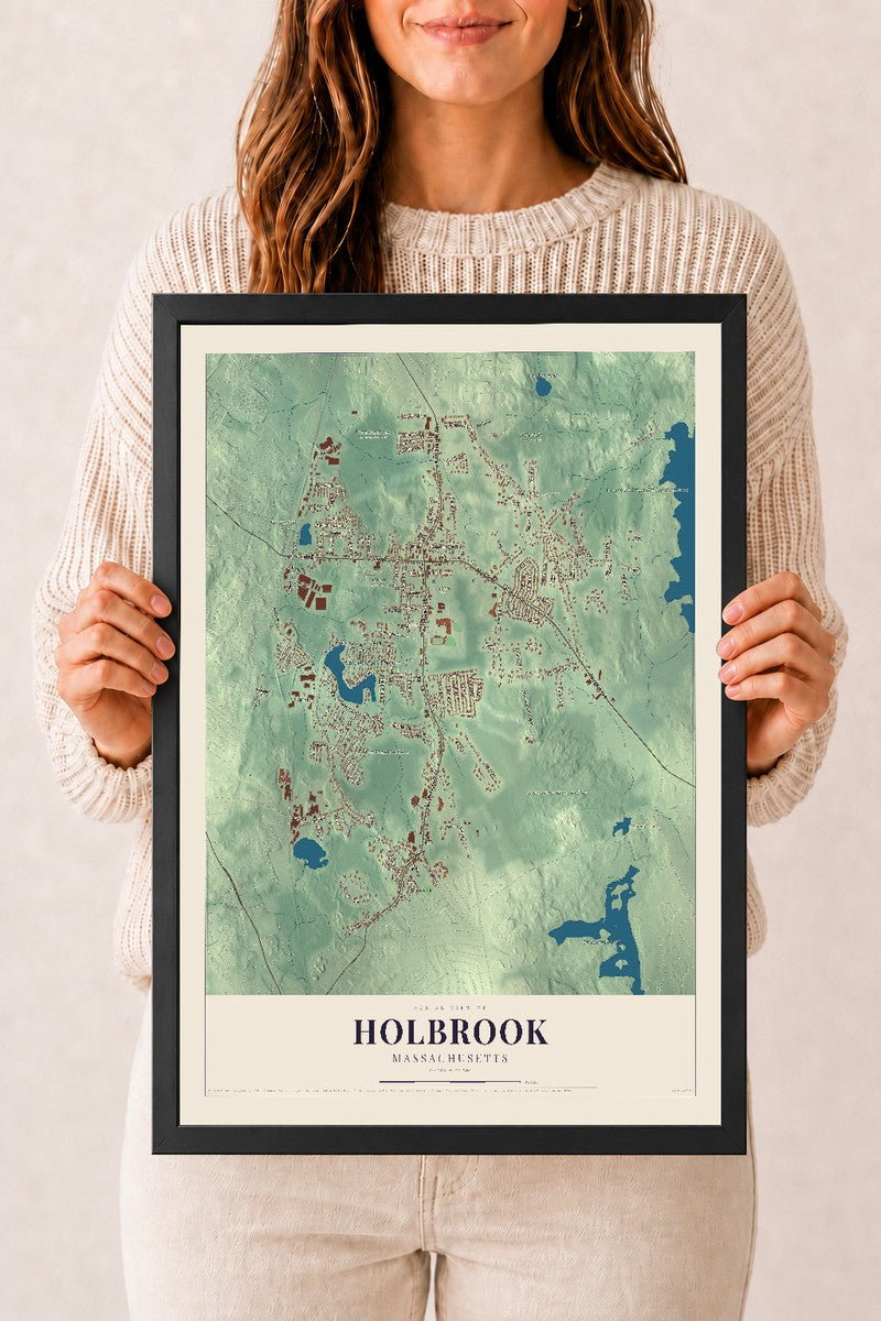 Holbrook, Massachusetts map print - 12 x 18 black Ayous wood frame