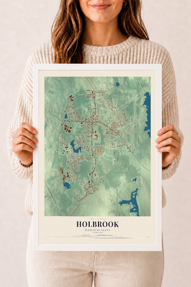 Holbrook, Massachusetts map print - 12 x 18 white Ayous wood frame