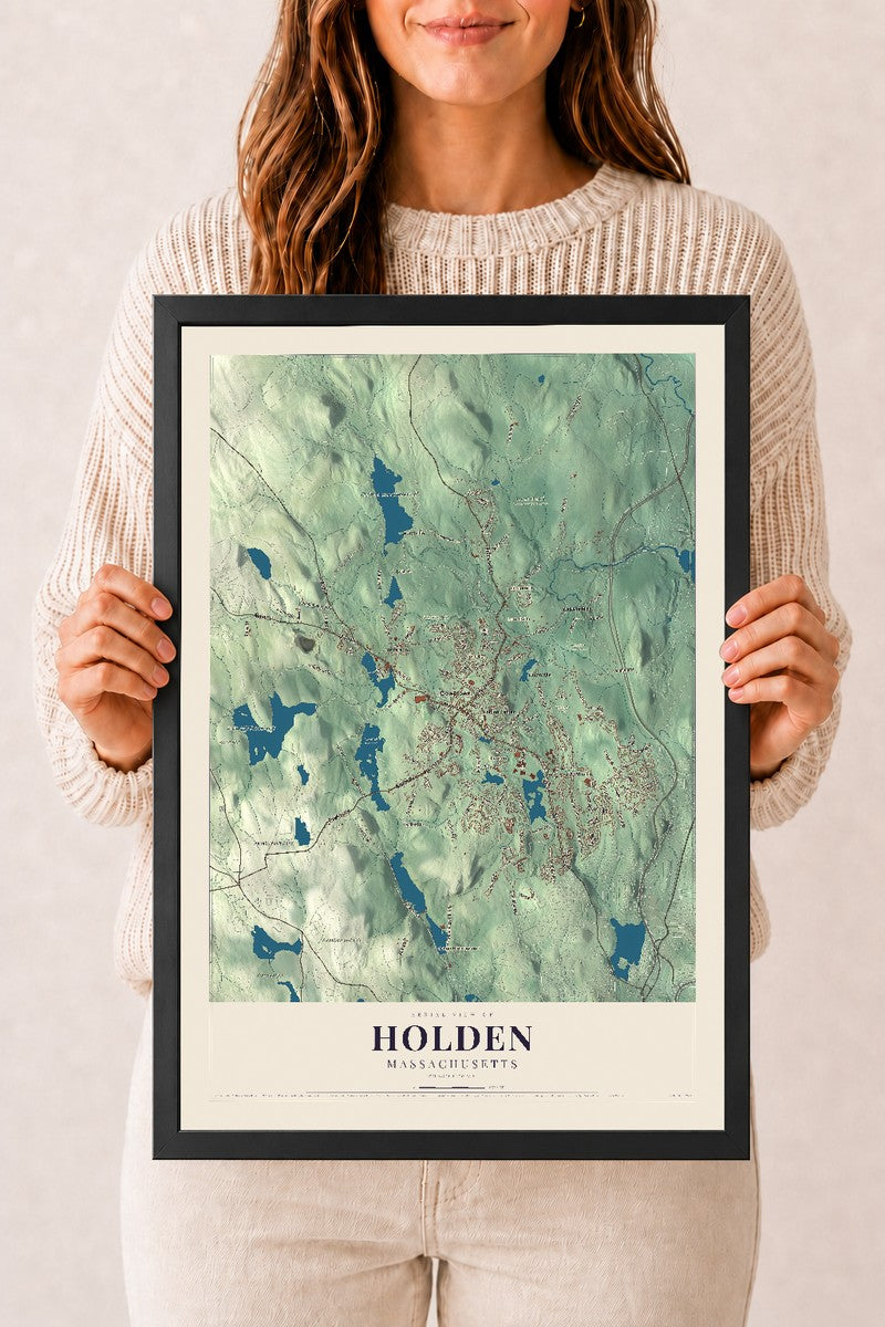 Holden, Massachusetts map print - 12 x 18 black Ayous wood frame