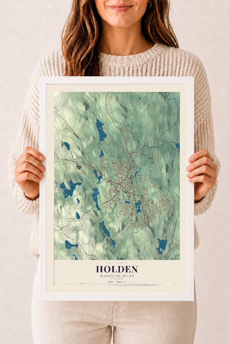 Holden, Massachusetts map print - 12 x 18 white Ayous wood frame
