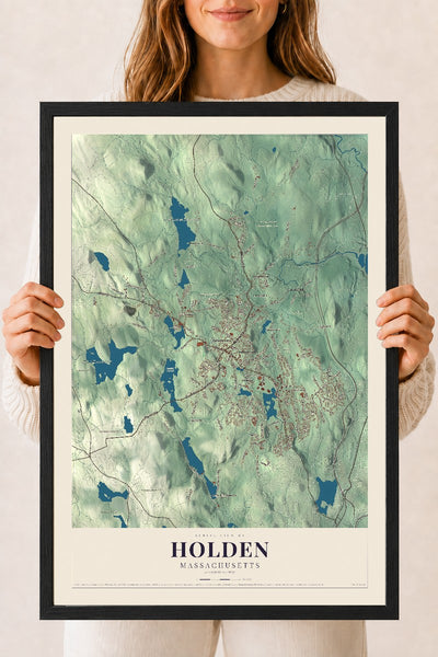 Holden, Massachusetts map print - 18 x 24 black Ayous wood frame