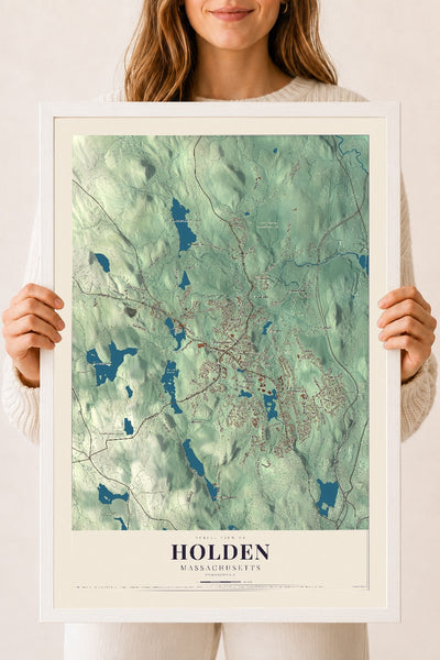 Holden, Massachusetts map print - 18 x 24 white Ayous wood frame