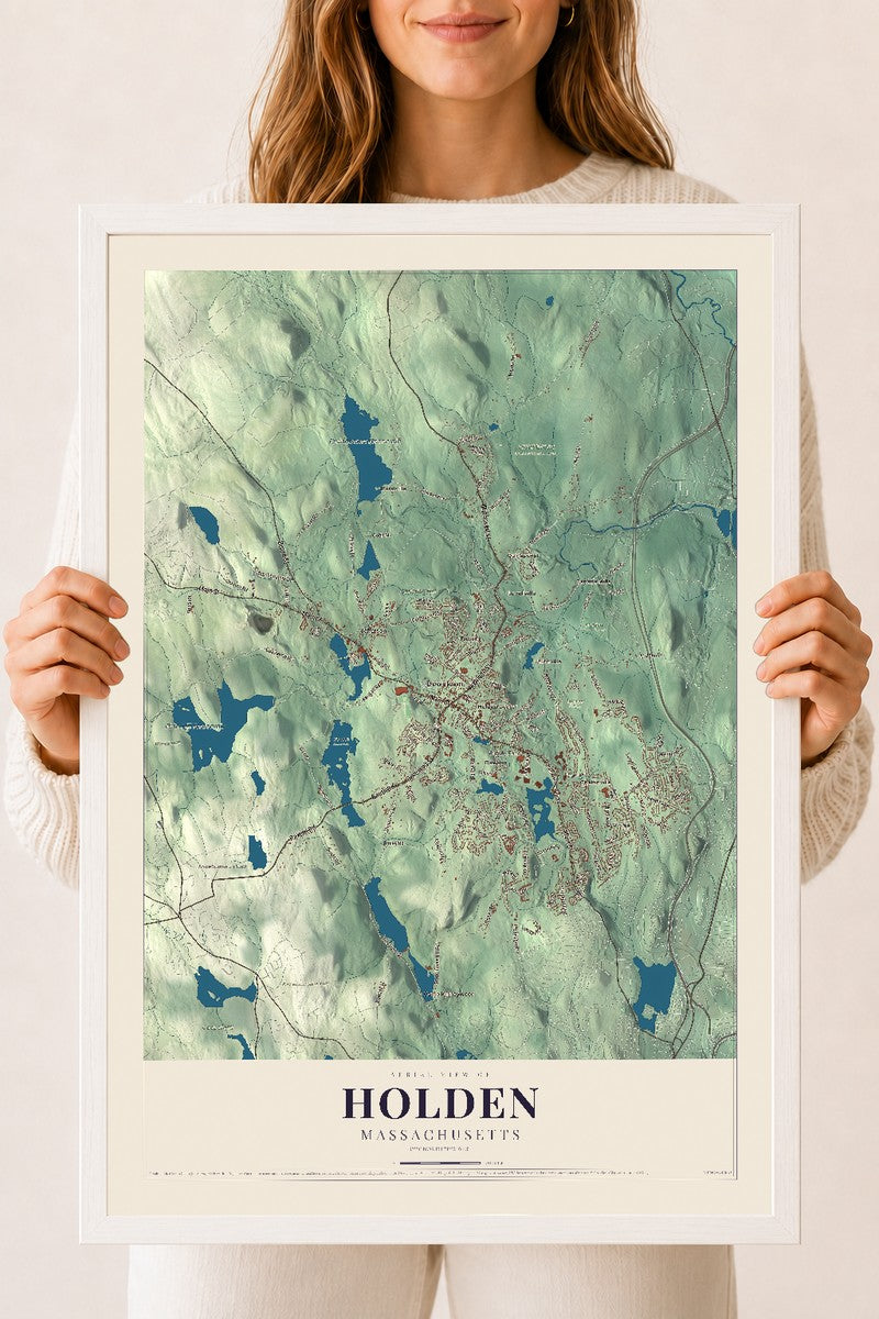 Holden, Massachusetts map print - 18 x 24 white Ayous wood frame