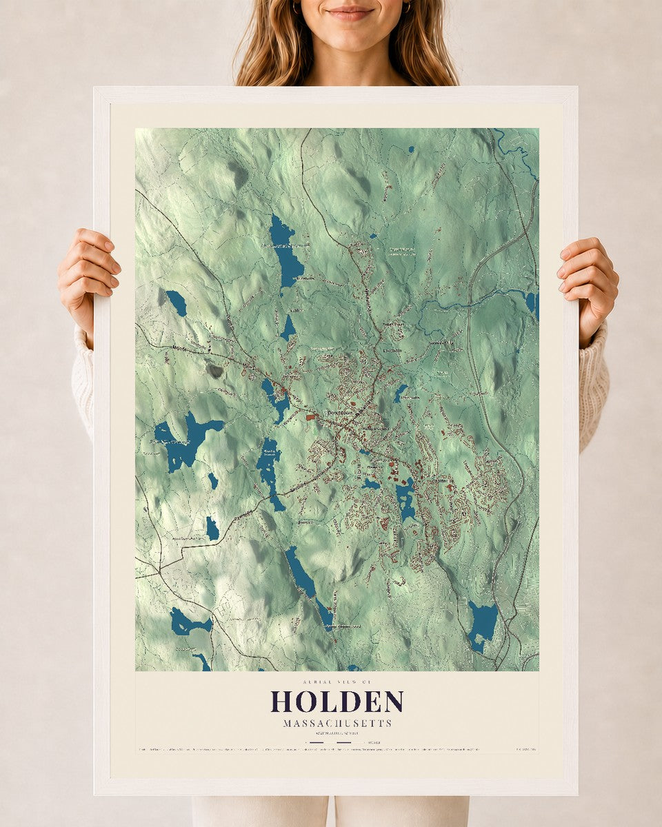 Holden, Massachusetts map print - 24 x 36 white Ayous wood frame