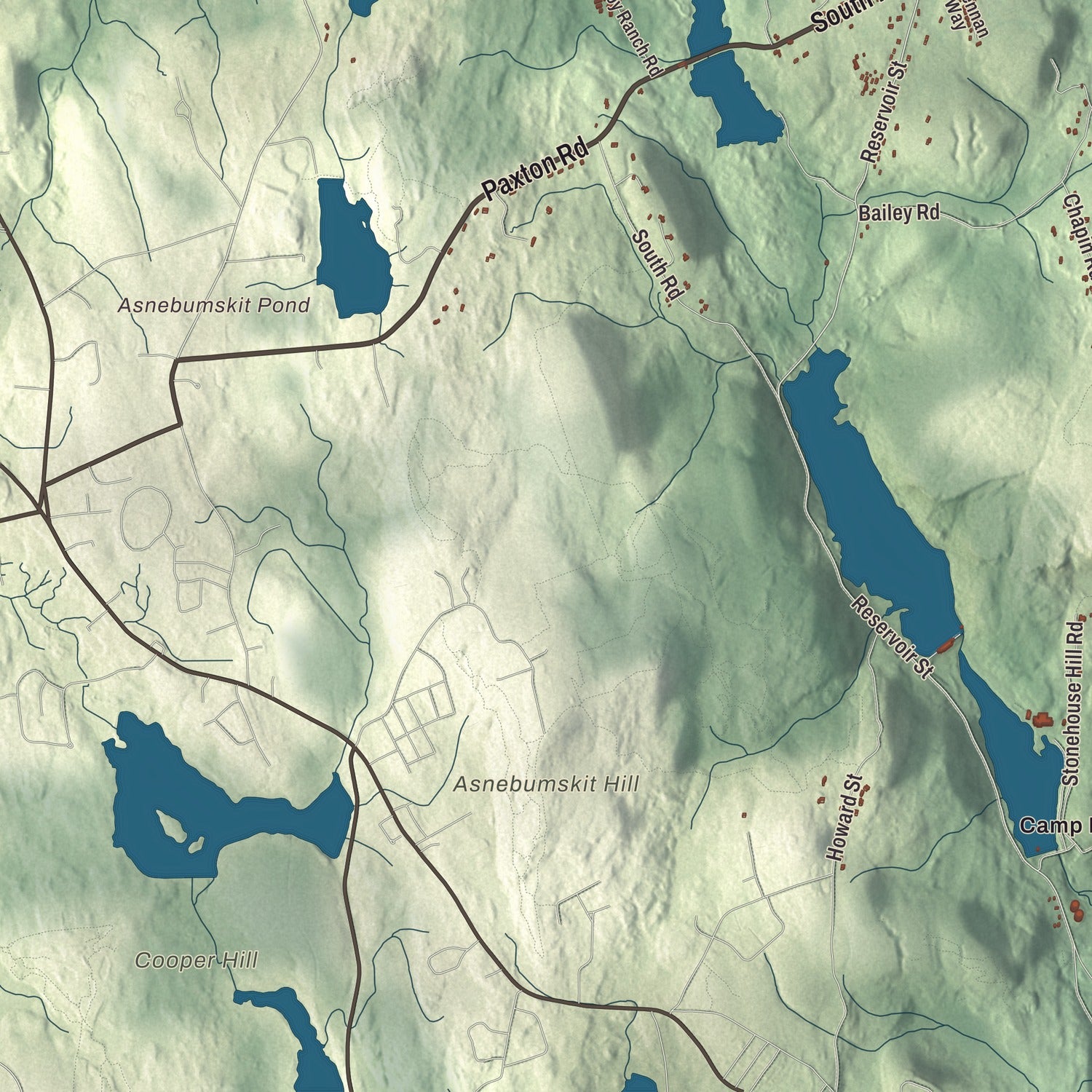 Terrain and local geography detail from the Holden, Massachusetts map