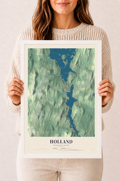 Holland, Massachusetts map print - 12 x 18 white Ayous wood frame