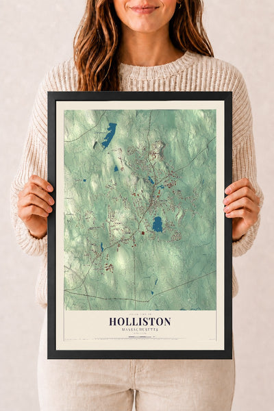 Holliston, Massachusetts map print - 12 x 18 black Ayous wood frame