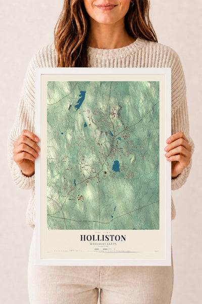 Holliston, Massachusetts map print - 12 x 18 white Ayous wood frame