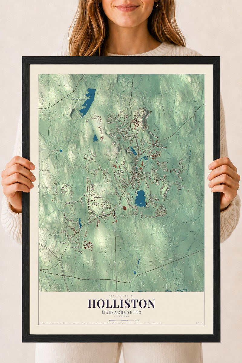Holliston, Massachusetts map print - 18 x 24 black Ayous wood frame
