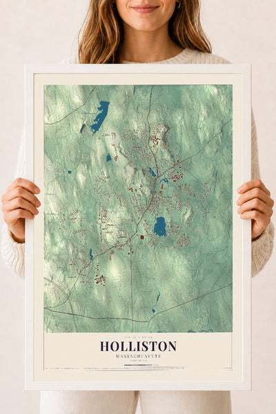 Holliston, Massachusetts map print - 18 x 24 white Ayous wood frame