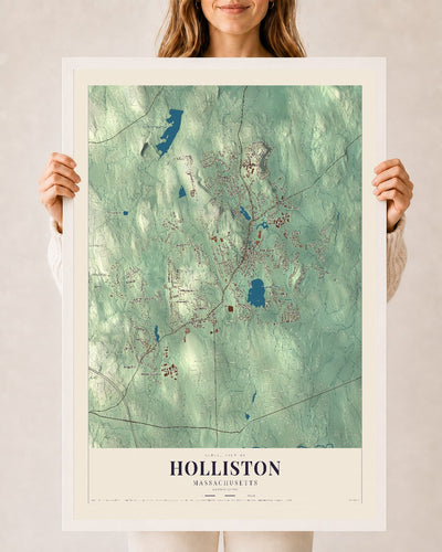 Holliston, Massachusetts map print - 24 x 36 white Ayous wood frame