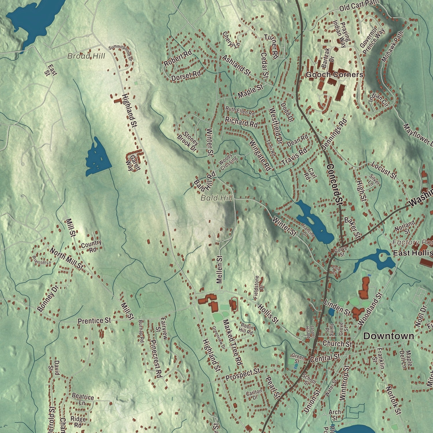 Terrain and local geography detail from the Holliston, Massachusetts map